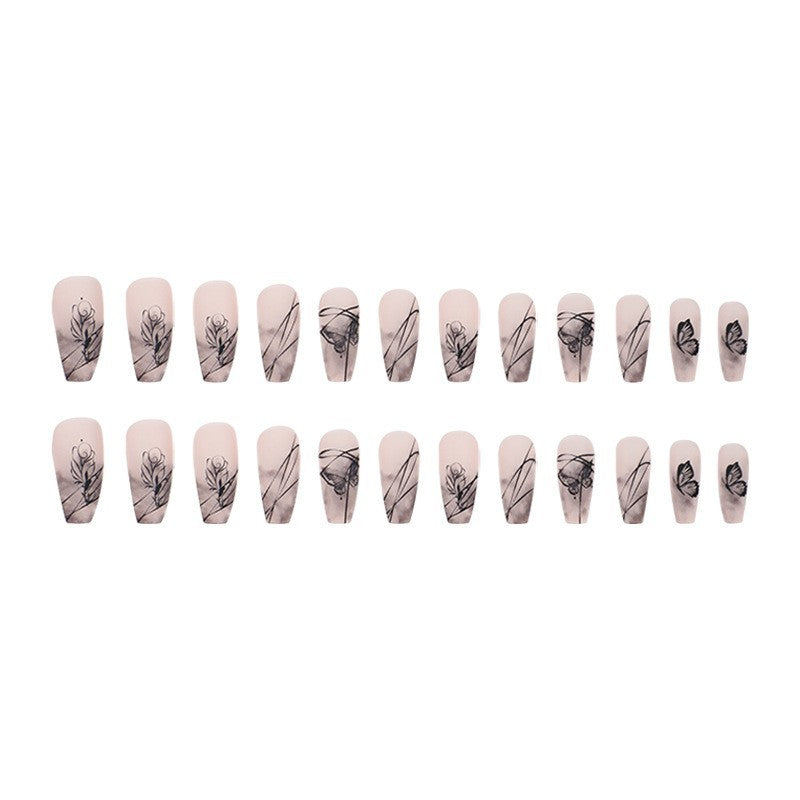 Artificial nail set with elegant flower design and delicate butterfly motifs Kalsten