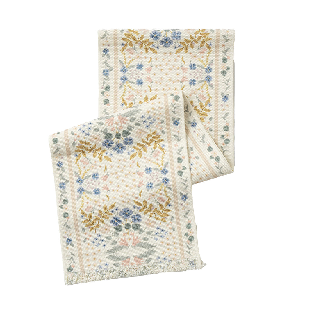 Vintage-inspired woven table runner with floral border and fringes Kalsten