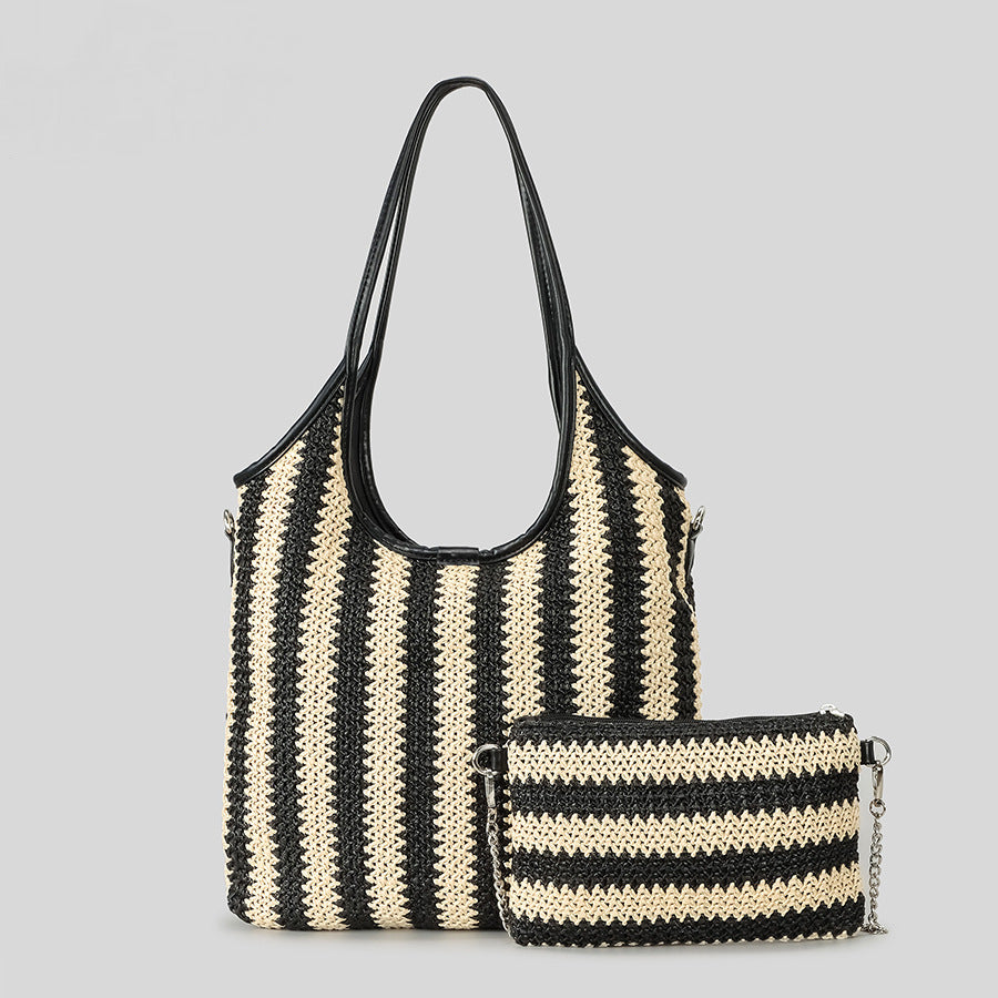 Striped Woven Tote Bag Set