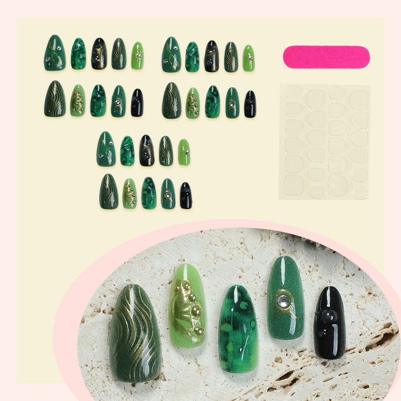 Artistic Press-On Nail Art Set with Emerald and Gold Designs kalsten