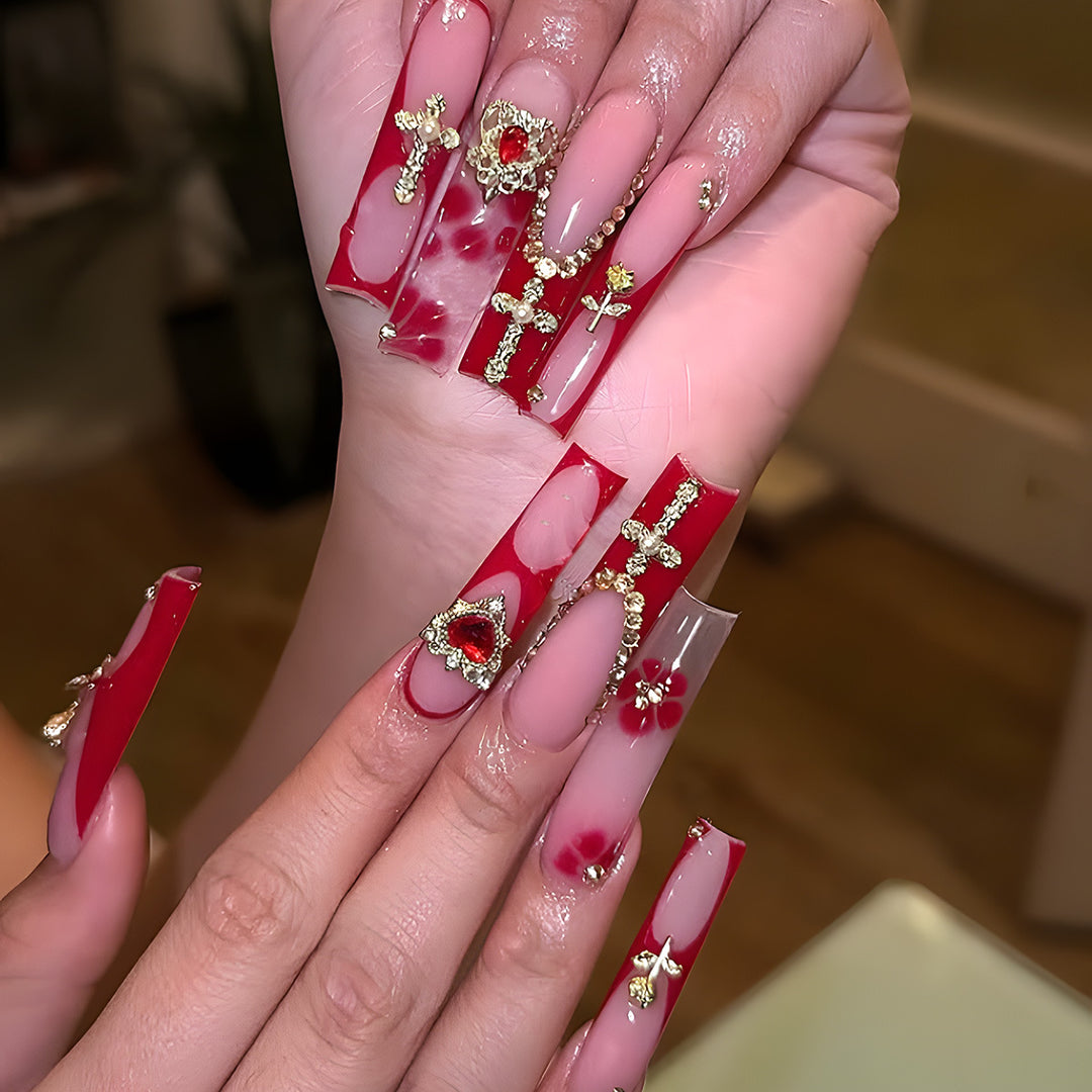 Glamorous Stiletto Press-On Nails with Artistic Gold and Red Accents Kalsten