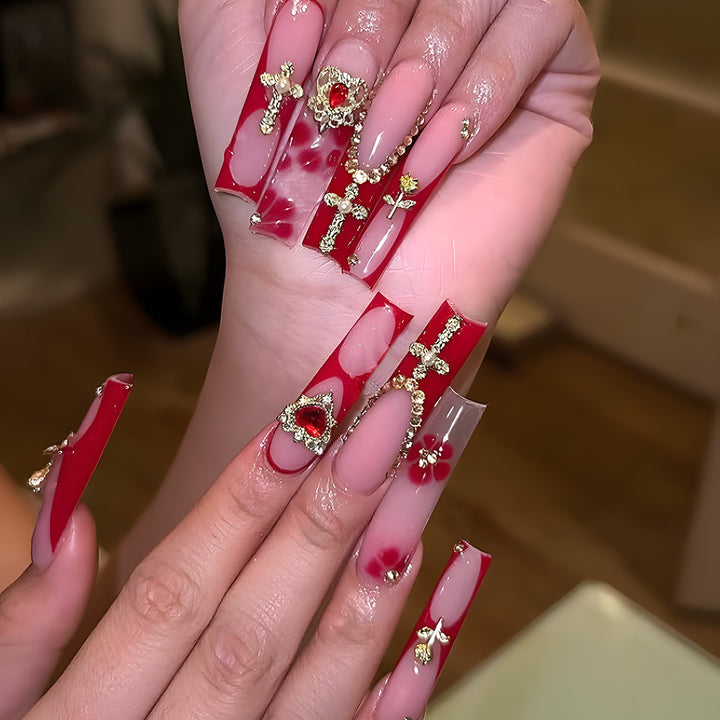 Glamorous Stiletto Press-On Nails with Artistic Gold and Red Accents Kalsten