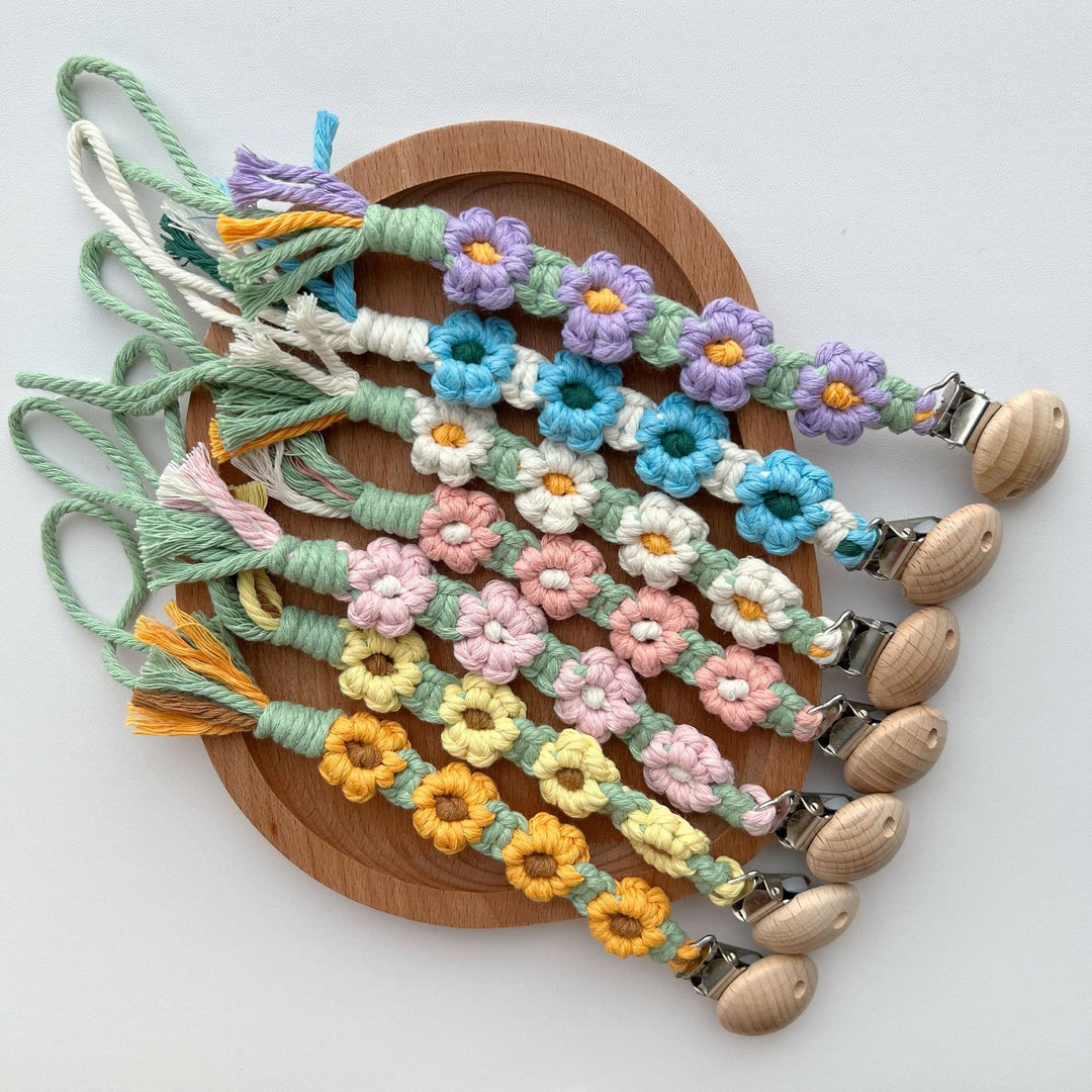 Macramé Flower Pacifier Clip with Wooden Safety Clamp