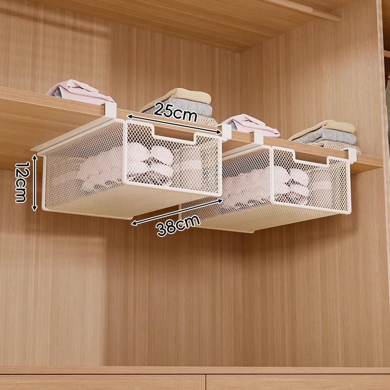 Under-Shelf Pull-Out Metal Mesh Closet Basket Organizer with Clamp Rail