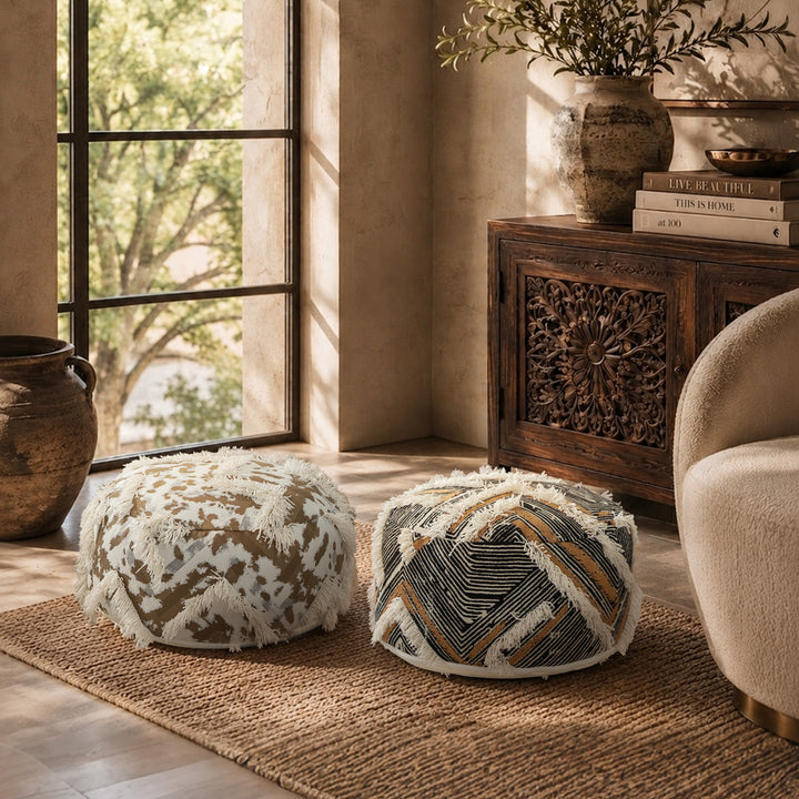 Round Boho Seat Pouf with Hand-Tufted Structure and Decorative Fringes Kalsten