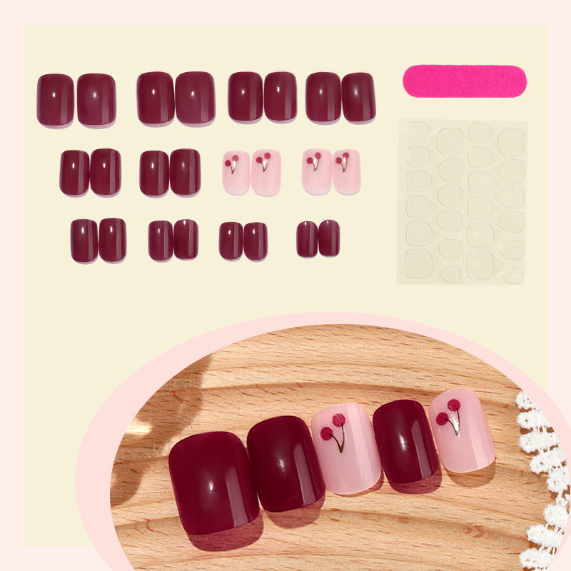 Elegant Press-On Nail Set with Cherry Accent Design Kalsten