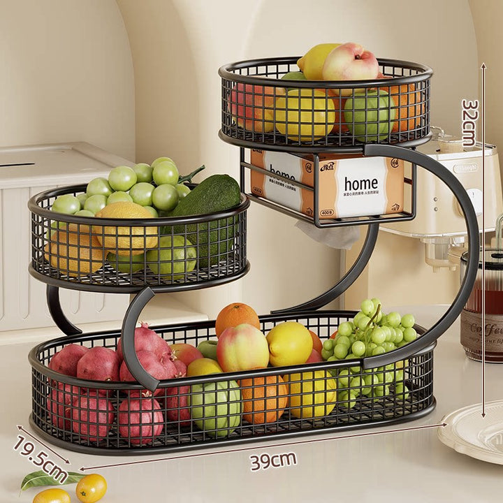 Multi-Level Spiral Metal Fruit and Produce Storage Stand with Mesh Baskets and Tissue Box Shelf