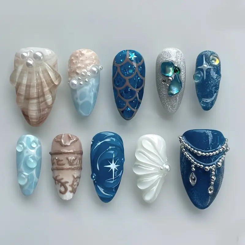 Artistic Ocean-Themed Press-On Nail Art Kalsten