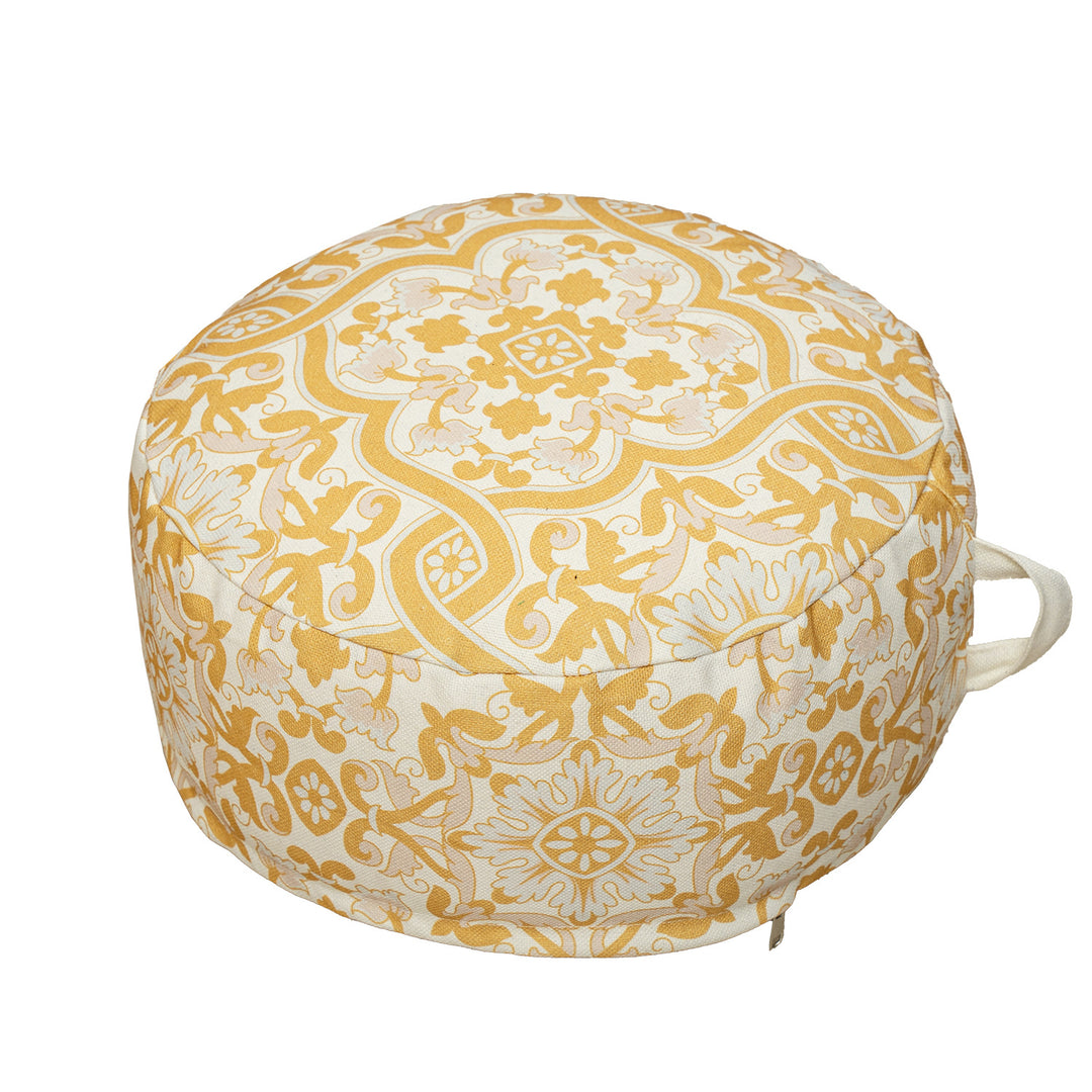 Round floor pouf with woven ornament pattern and carrying handle Kalsten