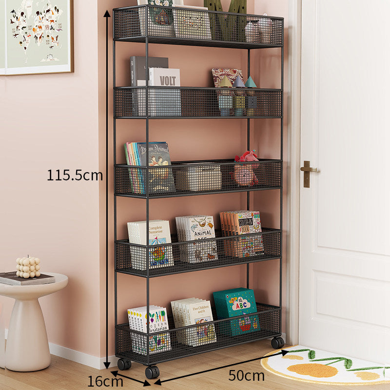 Industrial Metal Mesh Four-Tier Narrow Bookshelf Organizer