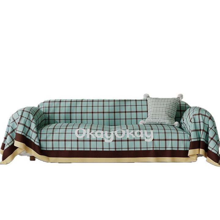 Reversible Plaid-Trim Sofa Slipcover and Throw Blanket Set