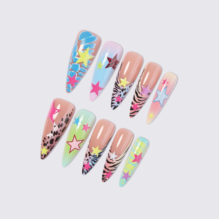Artistic Press-On Nail Set with Colorful Star Patterns kalsten