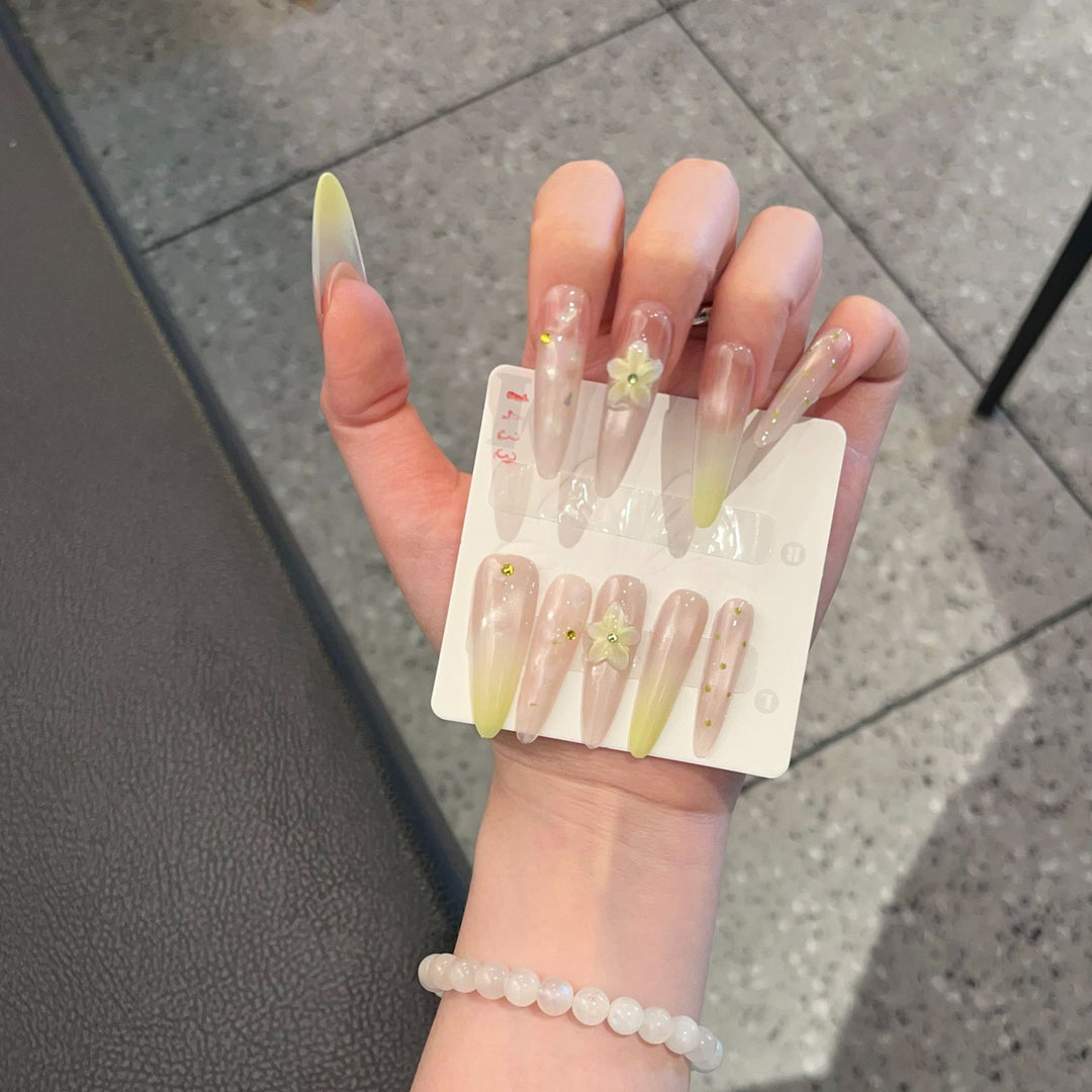 Elegant Long Stiletto Press-On Nail Art Set with Floral Accents Kalsten