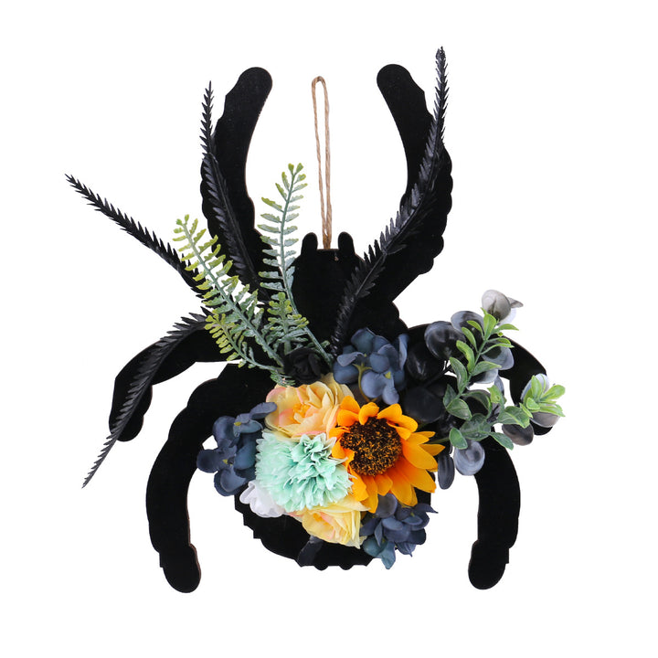 Hanging Halloween Spider Wall Decoration made of Wood with Artificial Flowers