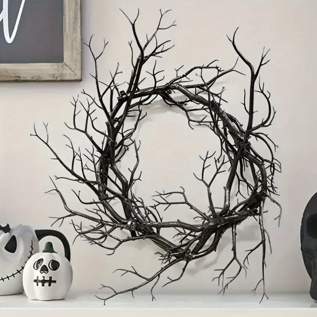 Halloween decorative wreath made of artificial branches with a natural branch look
