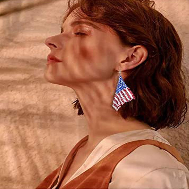Ladies' long crystal mesh earrings with flag pattern and fishhook clasp Kalsten