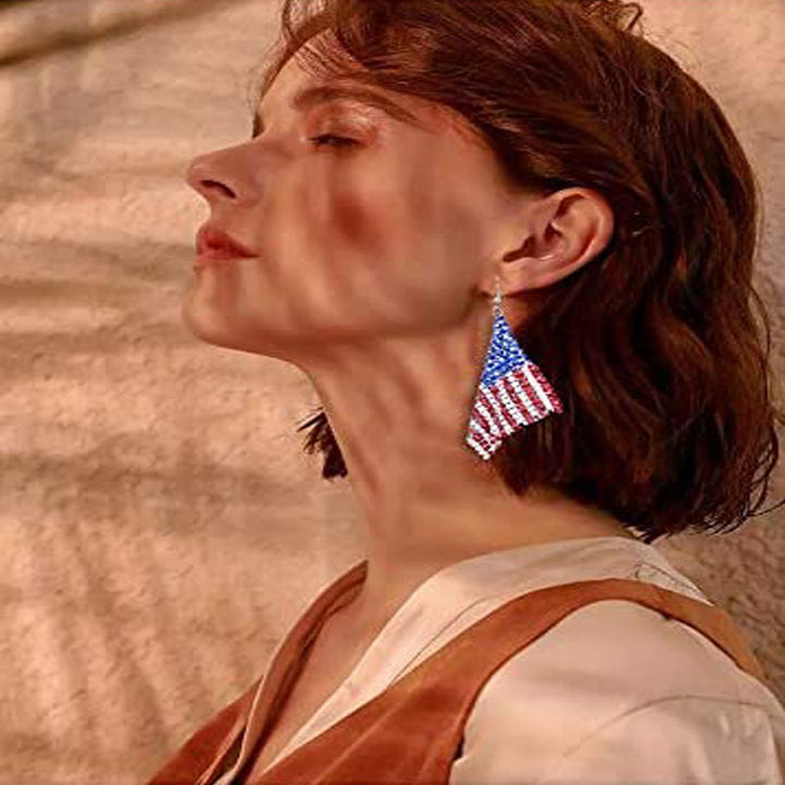 Ladies' long crystal mesh earrings with flag pattern and fishhook clasp Kalsten