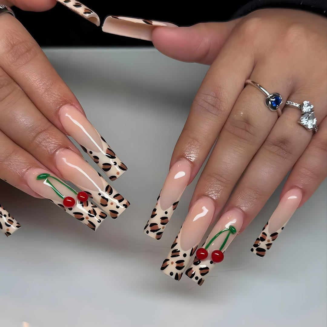 Animal Print Stiletto Press-On Nails with Cherry Design Kalsten