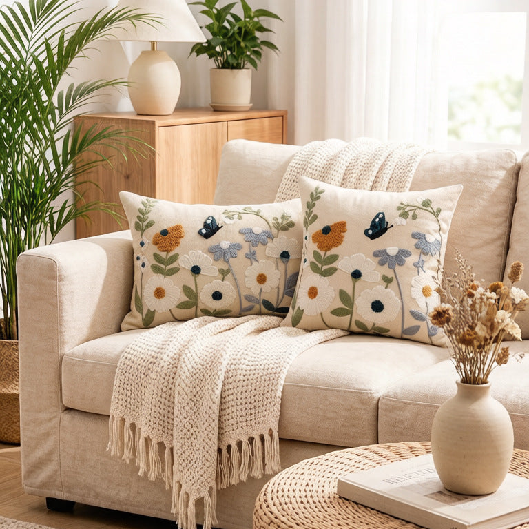 Decorative Square Embroidered Floral Tufted Linen Pillow Cover