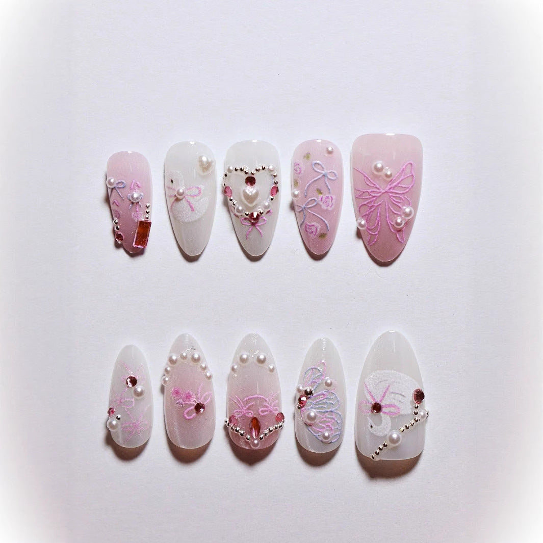 Decorative 3D Bow and Pearl Press-On Nail Art Kalsten