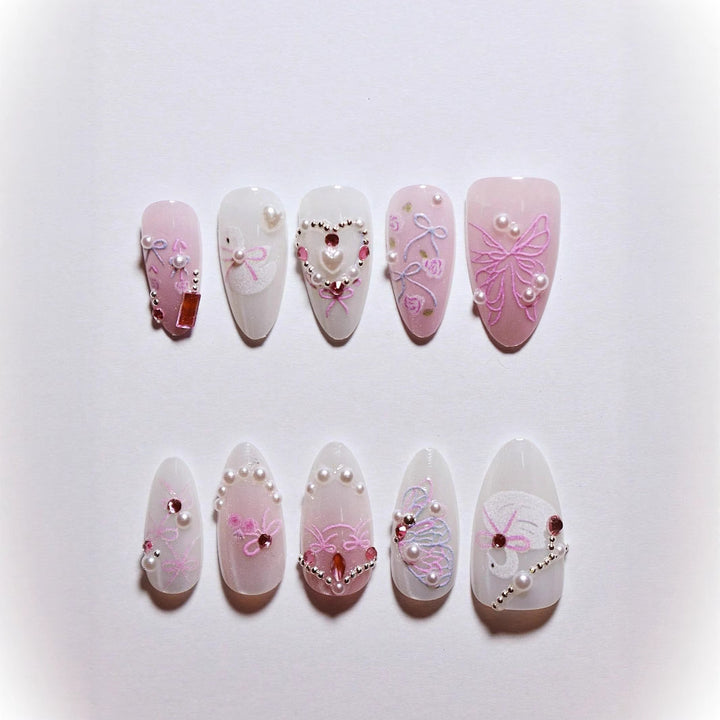 Decorative 3D Bow and Pearl Press-On Nail Art Kalsten