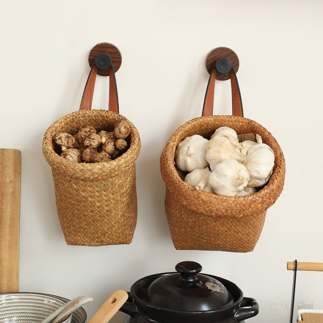 Handwoven Natural Storage Bin with Leather Trim Kalsten