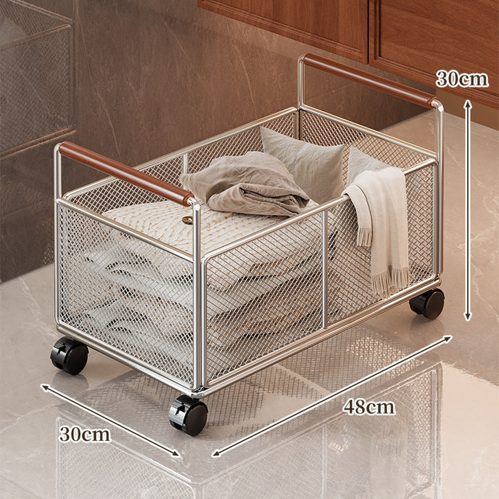 Compact Mesh Rolling Storage Cart with Wooden Handles