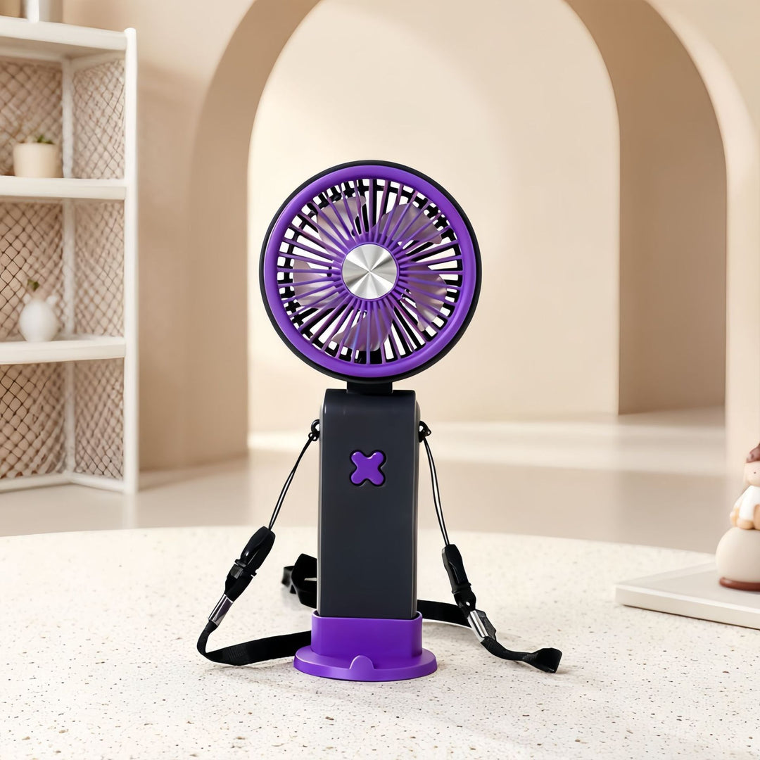 Unisex compact portable USB desk fan with rechargeable battery, adjustable tilt head and carrying strap Kalsten
