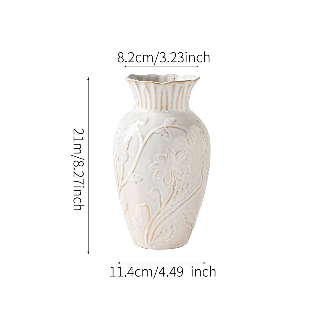 Decorative Engraved Flower Pattern Ceramic Bud Vase with Scalloped Edge