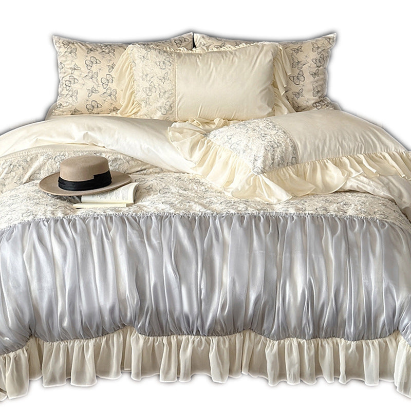 Luxury bedding set with gathered satin decor, floral jacquard duvet & ruffle cushion