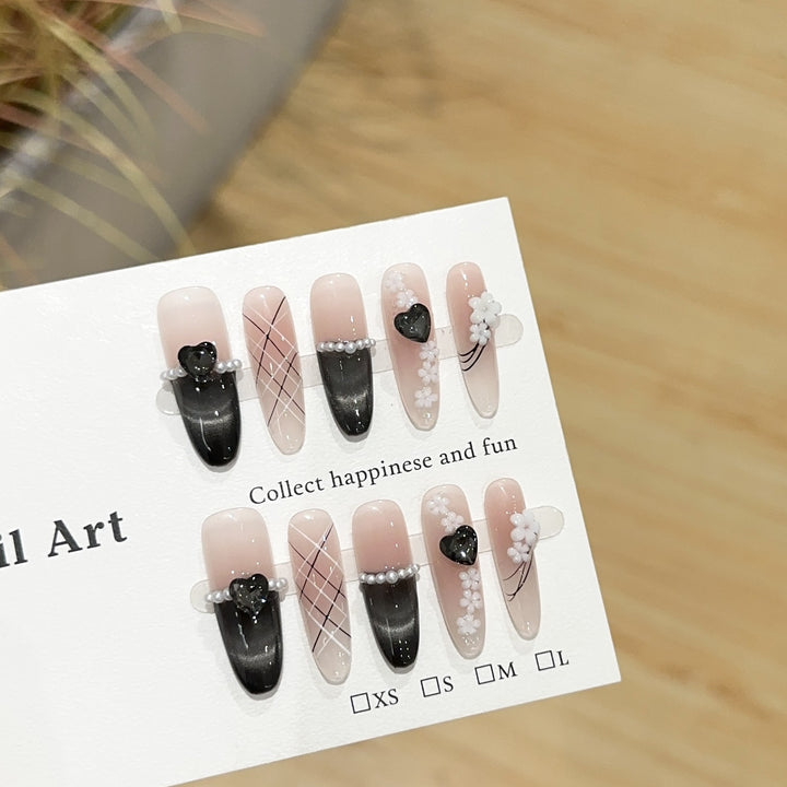 Artistic Press-On Nail Art Set with Floral and Heart Accents