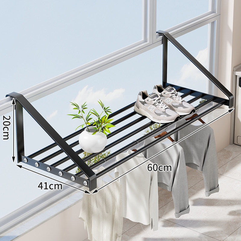Window-Mounted Foldable Drying Rack with Multi-Bar Shoe and Garment Shelf