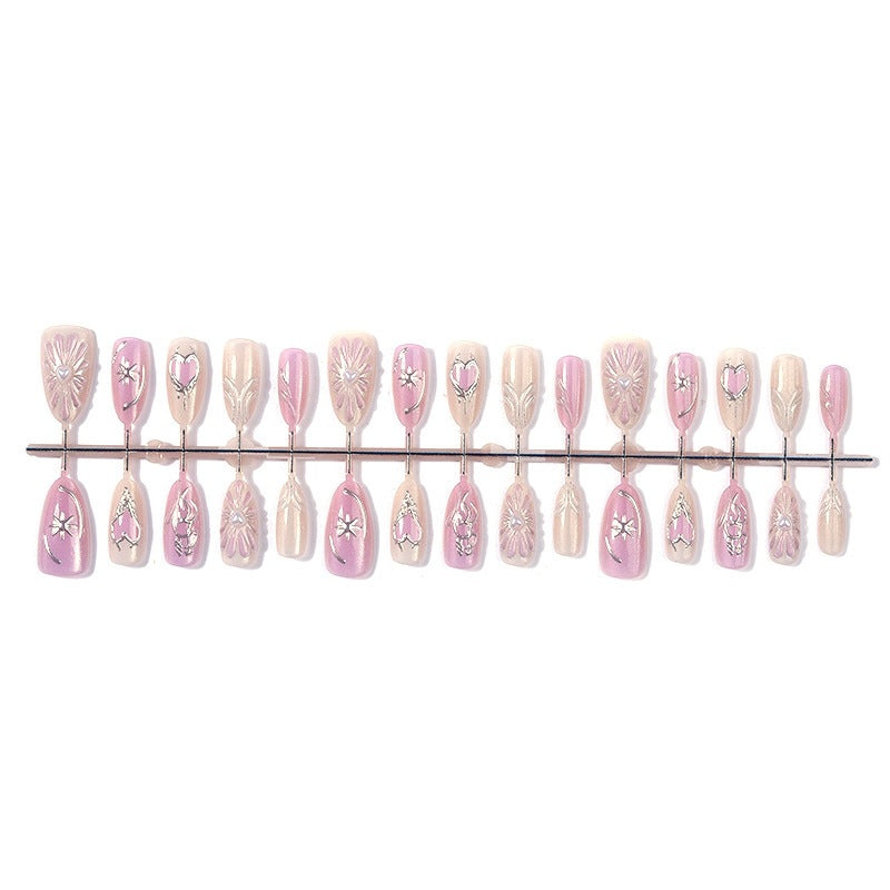 Artificial nail set with floral accents and glittering details Kalsten