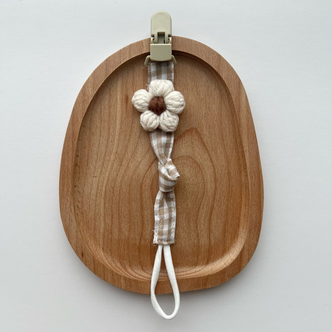 Pacifier and Teether Clip with Wooden Safety Clip and Crochet Flower