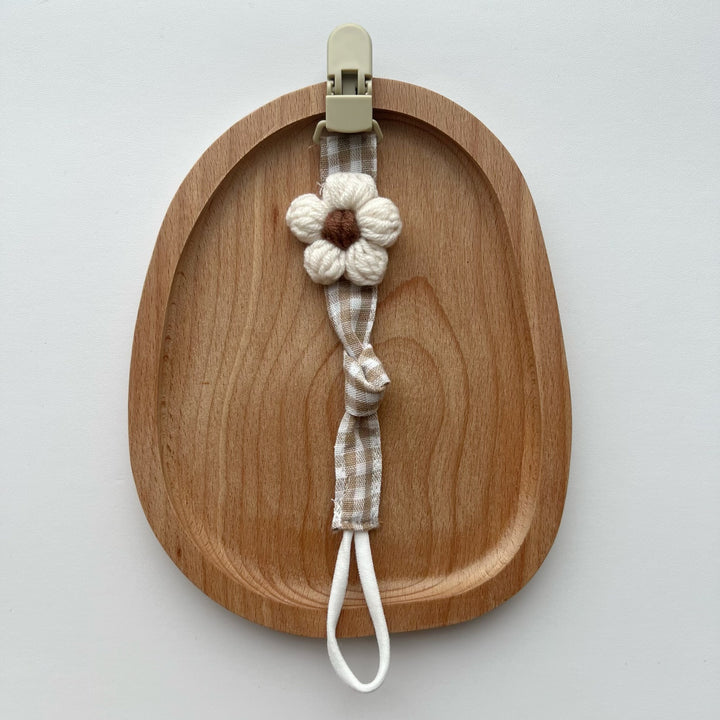Pacifier and Teether Clip with Wooden Safety Clip and Crochet Flower