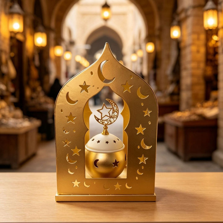 Ornate Metal Crescent-Star Tabletop Lantern with Rotating Incense Burner Kalsten