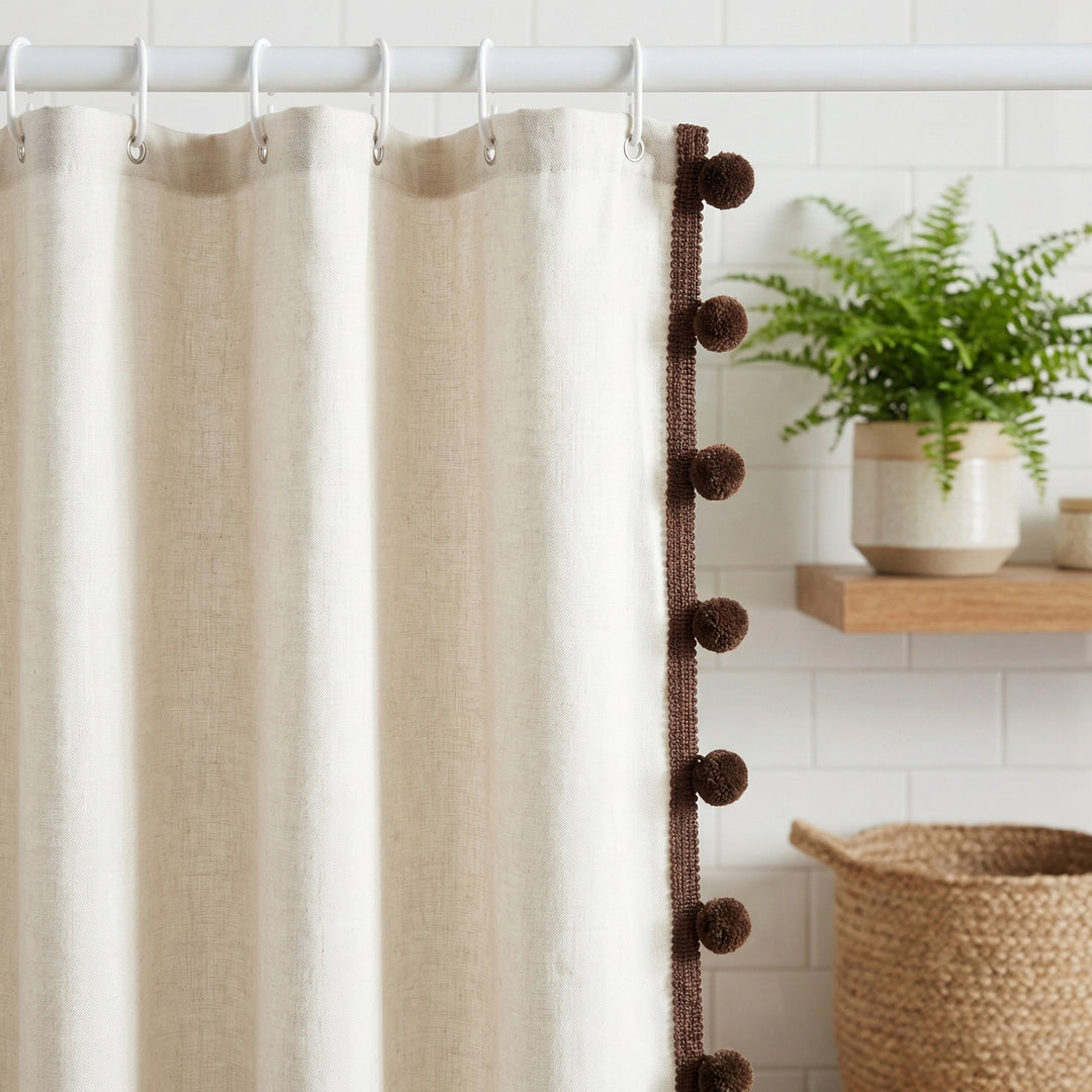 Textured Pom Pom Trim Shower Curtain Kalsten