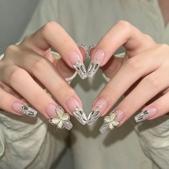 Glamorous Press-On Nail Set with Floral and Glitter Accents Kalsten