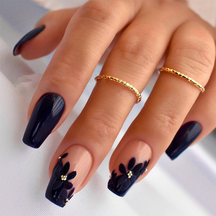 Decorative Press-On Nail Set with Elegant Leaf Designs kalsten