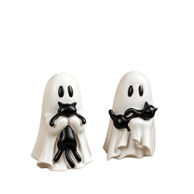 Sculptural decorative figure ghost with cat relief for shelf and sideboard