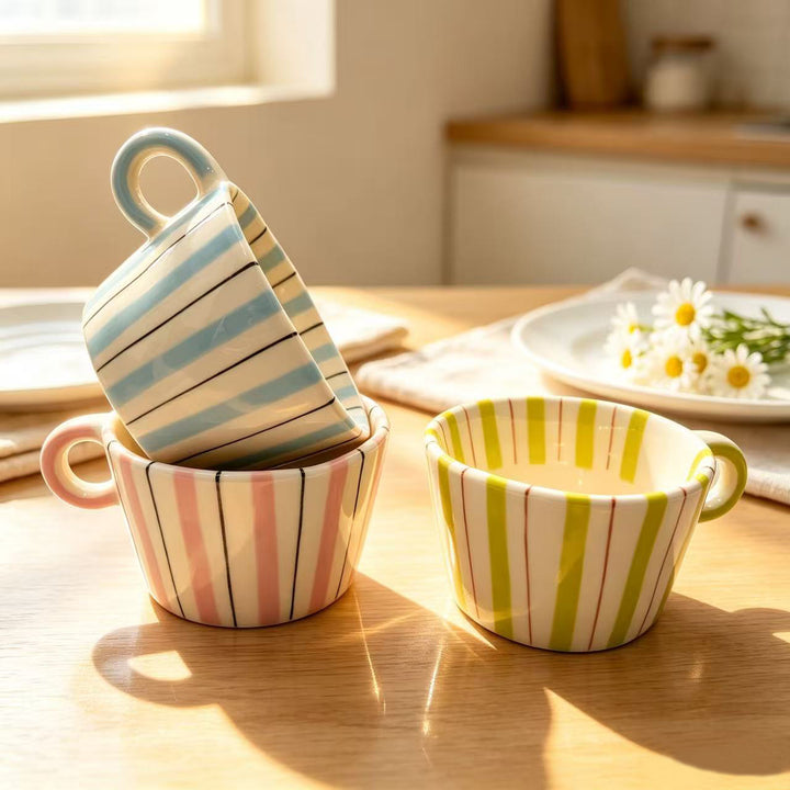 Ceramic coffee mug with ergonomic round handle and fine striped texture
