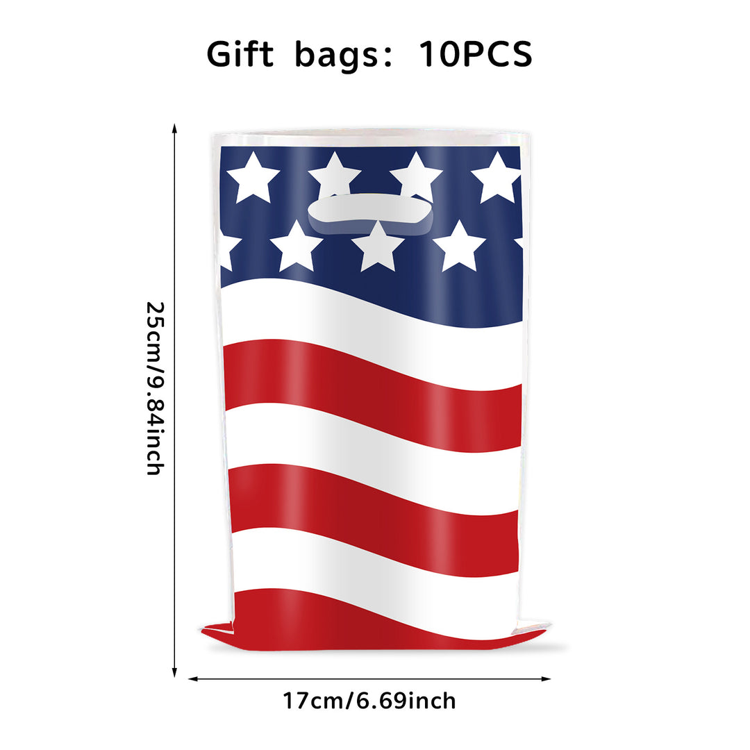 Unisex nan gift bags set with USA flag motif made of sturdy plastic and integrated handle ten pack Kalsten