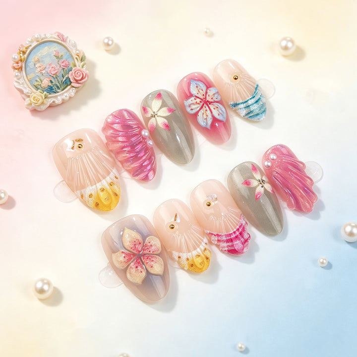 Artistic Press-On Nail Set with Floral and Shell Designs