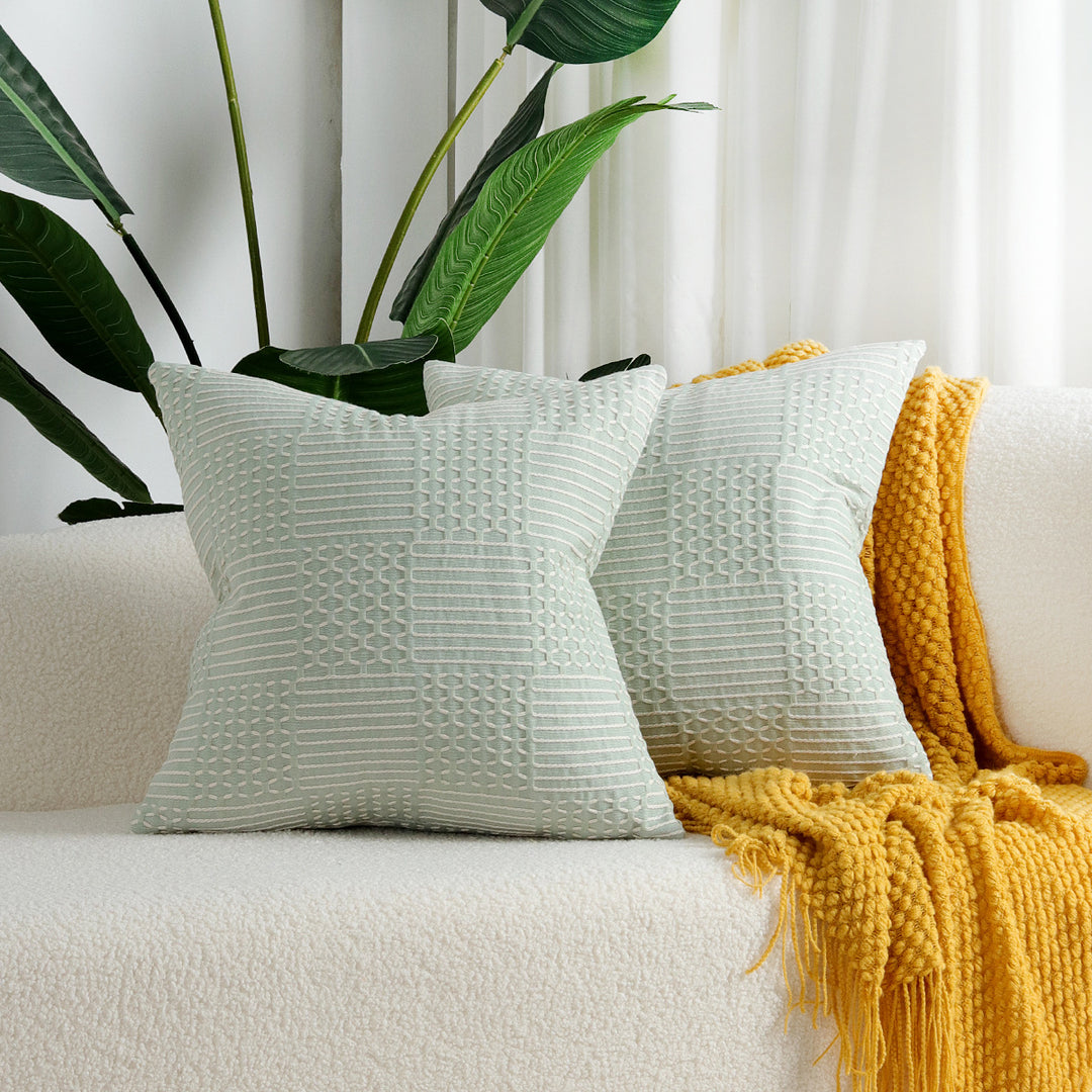 Stitched Geometric Cotton-Linen Square Throw Pillow Cover with Hidden Zipper