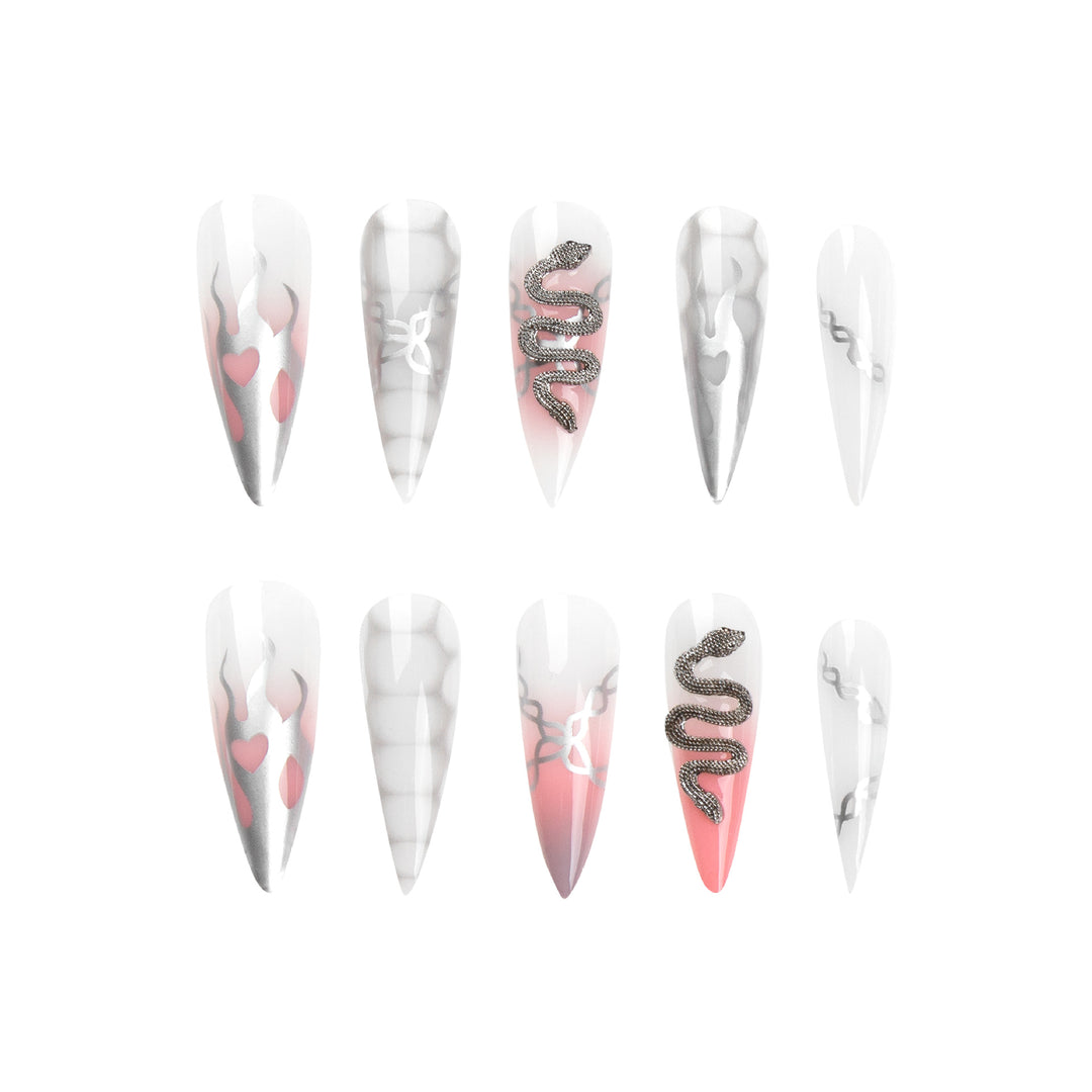 Artistic stiletto nails with snake motif Kalsten