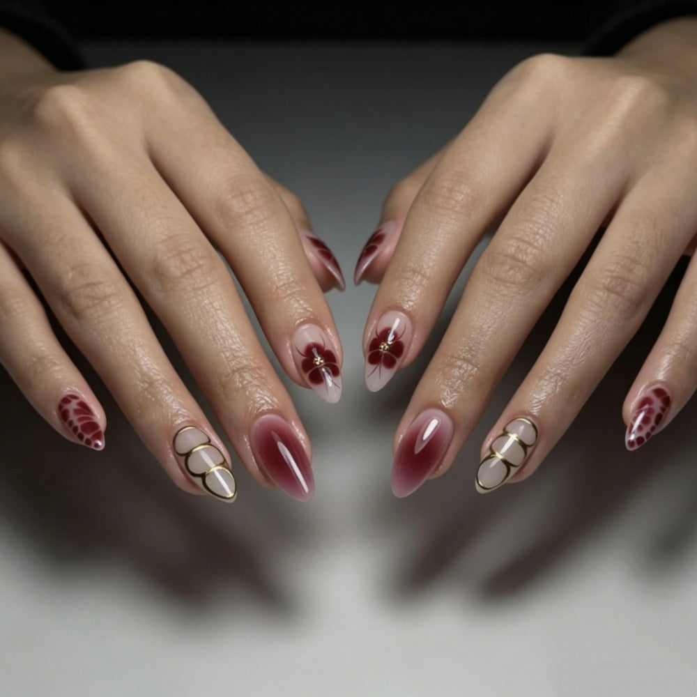 Artistic Press-On Nail Set with Floral and Ombre Designs Kalsten