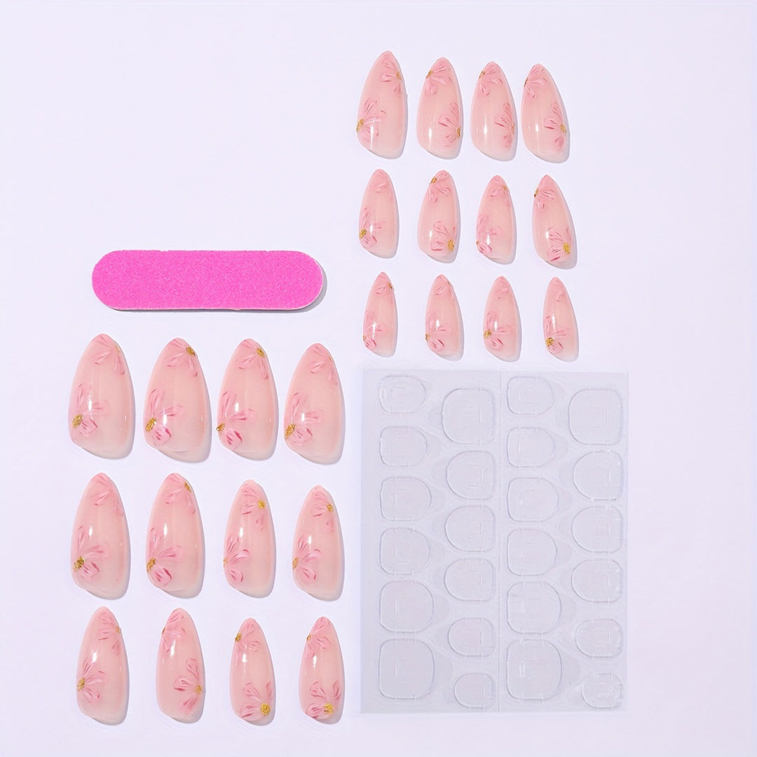 Artificial nail set with floral accents and gold embellishments Kalsten