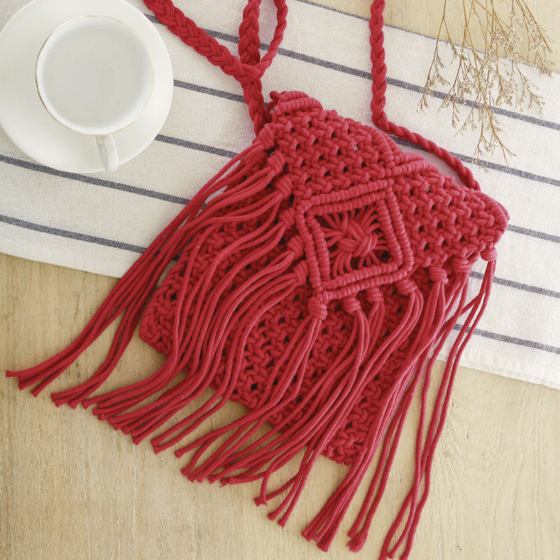Macrame Crossbody Bag with Fringes and Decorative Details Kalsten