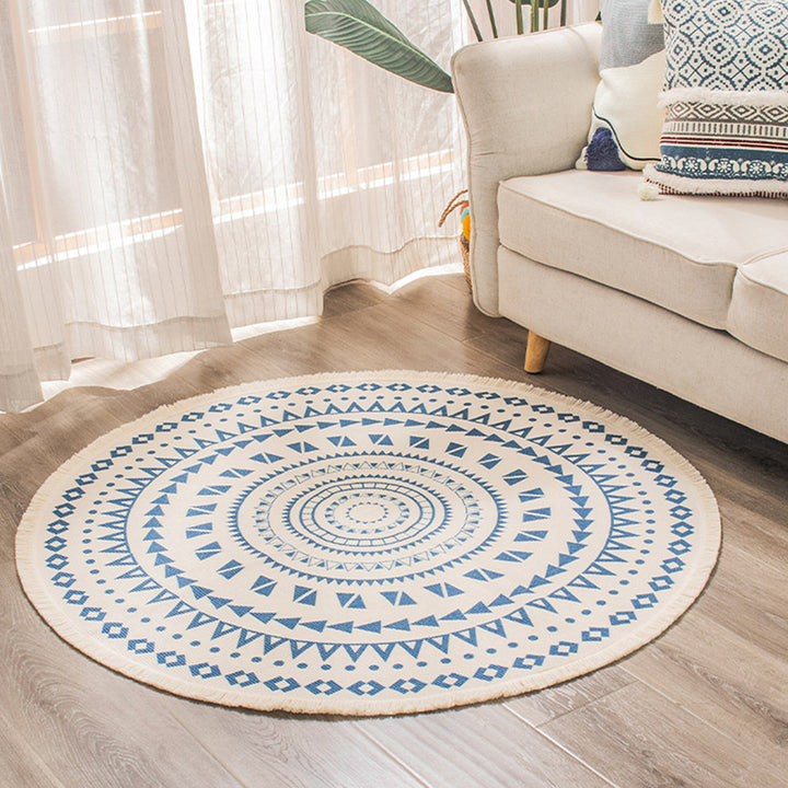 Beef Boho Cotton Rug with Mandala Print and Fringe Edge