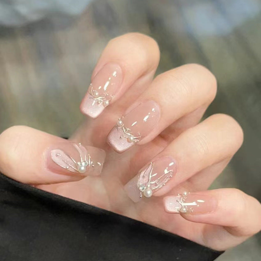 Decorative Press-On Nail Set with Pearl Accents Kalsten